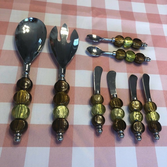 Vintage 1970’s beaded Salad Utensil set w butter knives and jam spoons 8 pc bx